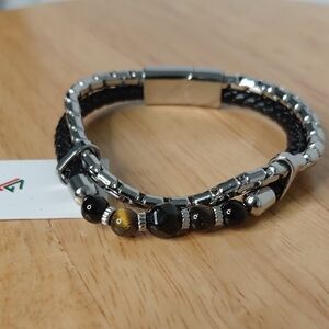 Leather Chic Black and Stainless Steel Bracelet with Gold Accent